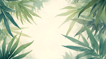 Fototapeta na wymiar Horizontal artistic template design with watercolor hand painted palm leaves over white backdrop and lot of empty copy space for text