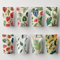 This image features a variety of pouch bags with vibrant tropical and floral patterns, standing against a plain background