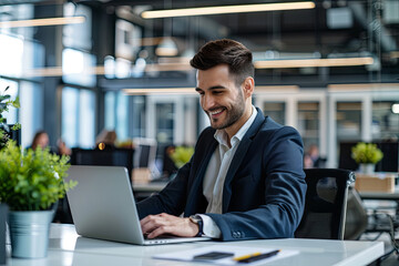 Happy mature business man entrepreneur in office using laptop