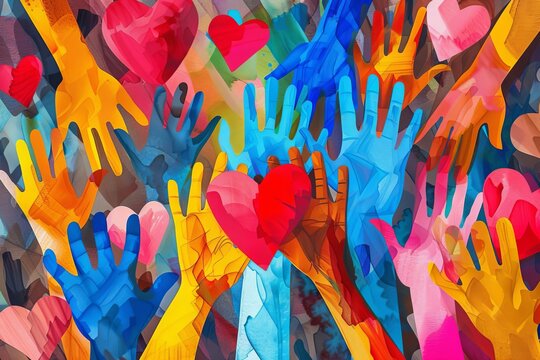 Diverse hands and hearts united in compassion, love, and support, abstract illustration