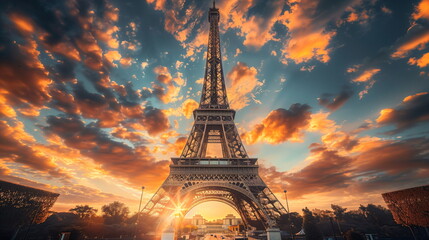 Eiffel Tower in Paris, France, against a sunset sky full of clouds. Travel, history, architecture, tourism, landmark. Generative AI - obrazy, fototapety, plakaty