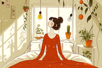 A woman in a red dress is sitting on a bed in a room with plants and a window
