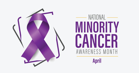 National Minority Cancer Awareness Month with purple ribbon. Web banner template. Observed in April.