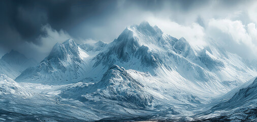 A snow-covered mountain range with dark clouds overhead. Generative AI.