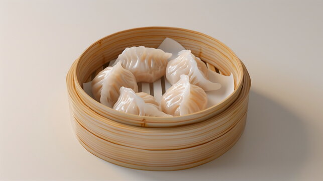 Several dumpling or dim sum in a bamboo steamer basket. White background. Studio photography for food advertising. Generative AI
