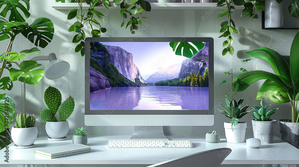 Aufkleber White computer desk with monitor, green plants, white background wall is clean and tidy. Generative AI.