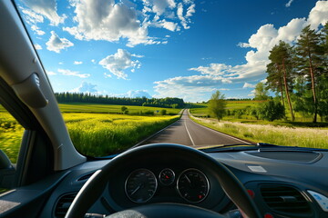 A clear and verdant rural road scenery, seen from the front inside a car, with not a single car in sight. Driver point of view. Scenic drive, travel route. Generative AI