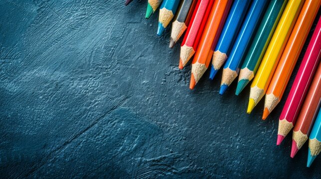 Assortment of colorful pencils on dark background