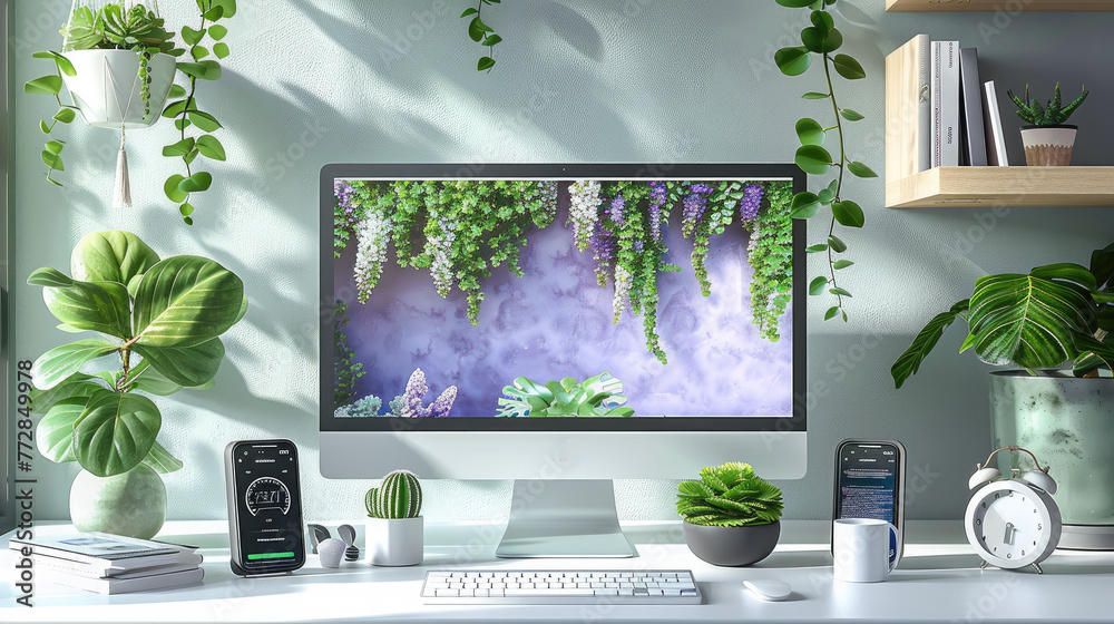 Poster White computer desk with monitor, green plants, white background wall is clean and tidy. Generative AI.