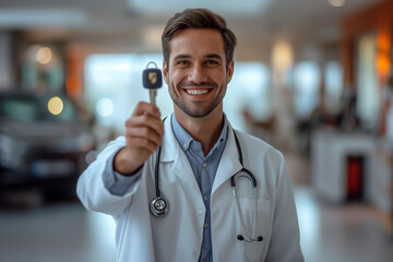 Arafed male doctor holding a car key in a hospital, Recognition for Doctors. Generated AI  - obrazy, fototapety, plakaty