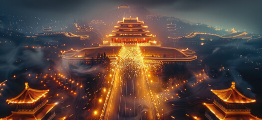 At night the long road is covered in gold, forming many path to the distance, with a Chinese-style...