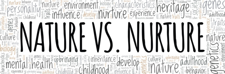 Nature vs. Nurture word cloud conceptual design isolated on white background.
