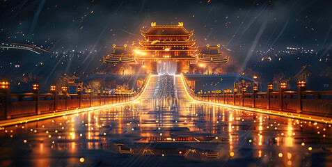 At night the long road is covered in gold, forming many path to the distance, with a Chinese-style city gate is wrapped in the distance. Generative AI. - obrazy, fototapety, plakaty
