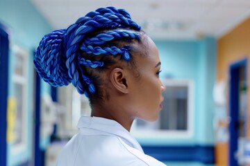 doctor with neat blue braided bun in hospital - obrazy, fototapety, plakaty
