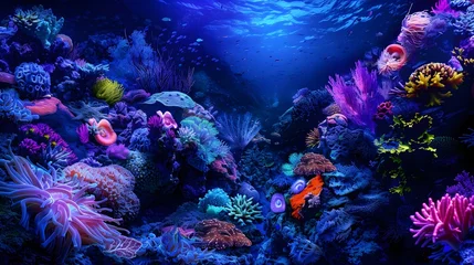 Keuken spatwand met foto Coral Reef Ecosystem Thriving in a Volcanic Underwater Landscape A Vivid Illuminated 3D Render © phongsiri