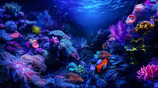 Coral Reef Ecosystem Thriving in a Volcanic Underwater Landscape A Vivid Illuminated 3D Render