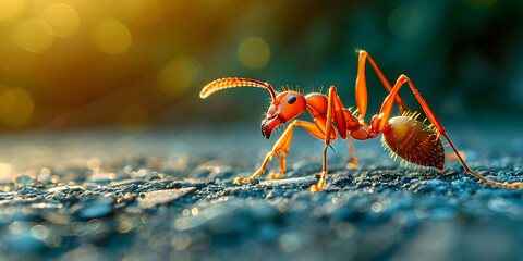A red ant on a rock with a blurred background, Insect macro photography

