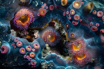 Kawaii Art of Anemones Thriving in a Vibrant Coral Reef Amid a Volcanic Landscape