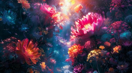 A colorful painting of flowers with a bright pink flower in the center. The painting has a dreamy, whimsical feel to it - obrazy, fototapety, plakaty