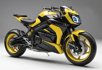 Fototapeta na wymiar Futuristic yellow and black sports motorcycle on isolated clear background colorful background