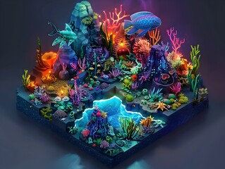 Isometric Underwater World Vibrant Coral Reefs and Sea Creatures in a Magical Glowing Realm
