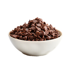 White bowl of dark chocolate chips isolated on white background, chocolate chips bowl, chocolate chips pile