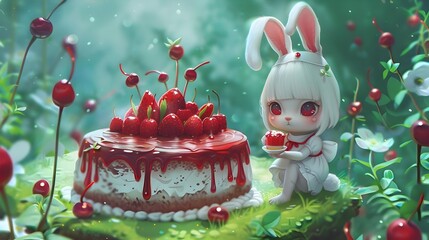 White Rabbit in Red Velvet Cake Dress Surrounded by Cherries in a Whimsical Grassy Field