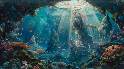Vibrant Underwater Grotto Bathed in Sunlight Rays and Surrounded by Marine Life