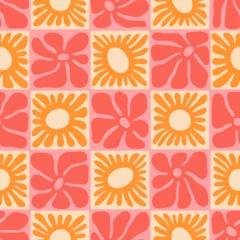 Keuken spatwand met foto Colorful floral seamless pattern illustration. Vintage style hippie flower background design. Geometric checkered wallpaper print, spring season nature backdrop texture with daisy flowers. © Dedraw Studio