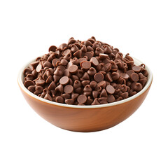 Fototapeta premium Wooden bowl of chocolate chips, Front view of a chocolate chips pile, chocolate chips bowl