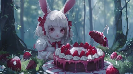 Cute White-Haired Girl with Rabbit Ears Enjoying a Strawberry-Covered Cake in a Fantasy Forest