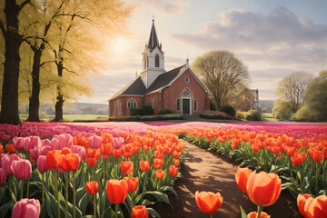 Tulips blooming with a church background - obrazy, fototapety, plakaty