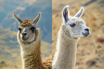Detailed Comparison: Llama Versus Alpaca in their Natural Habitats - obrazy, fototapety, plakaty