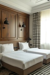 Fototapeta na wymiar Twin bedroom in a classic design with wooden furnishings and checkered curtains, offering a cozy stay.