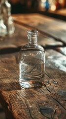 Obraz na płótnie Canvas Transparent glass bottle with clear liquid on a wooden surface