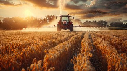 The crops were plentiful, and farmers were spraying water on their fields with water trucks. Generative AI.