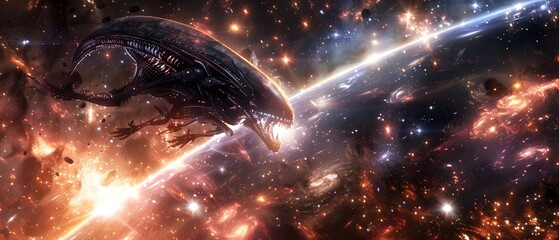 Alien Spaceship Menacingly Hovers Over Earth with Xenomorph-like Design in Outer Space
