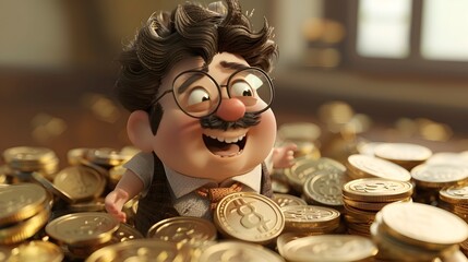 A Cheerful Cartoon Character with Glasses and Mustache Rejoices amidst a Pile of Gold Coins