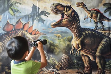 kid using a binocular toy to look at dino wall mural