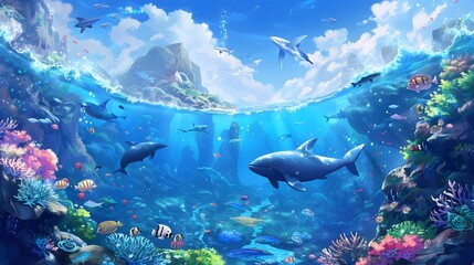 Anime Underwater Scene Diverse Marine Life Basking in Sunlight and Vivid Colors