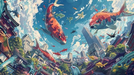 Surreal Digital Painting Koi Fish Swimming in an Urban Japanese Cityscape, Blending Nature and Metropolitan Architecture