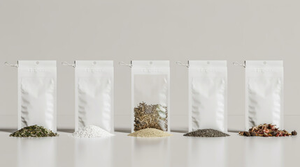 An arranged display of five white standing pouches, each filled with various substances, against a neutral backdrop