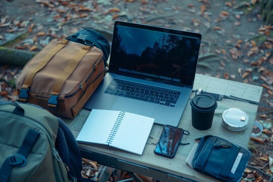 A nomad's portable work desk setup, with a laptop, notebook, and travel essentials, allowing for remote work from anywhere in the world, Generative AI