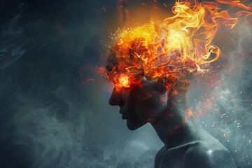 Human brain neurology concept, burning head with emotional stress and headache, digital illustration