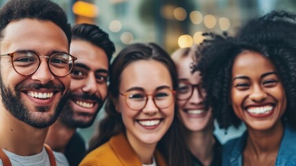 Joyful diverse group of friends taking a group selfie in an urban environment, smiling brightly. - obrazy, fototapety, plakaty