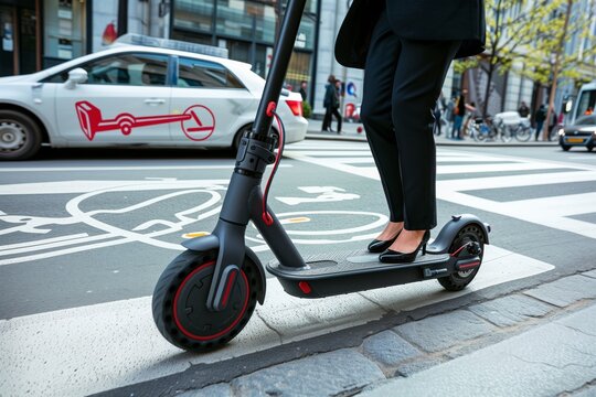 person in business attire riding an electric scooter on a city bike lane