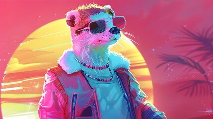 Confident Otter in Retro 80s Synthwave Fashion Stands against a Pastel Neon Backdrop