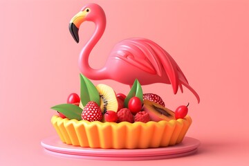 Flamingo Perched on Vibrant Fruit Tart: A 3D Digital Art Creation