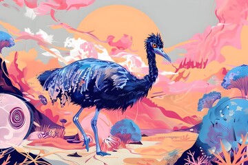 Emu Adorned with Eclairs Explores a Surreal Desert Landscape in a Rococo-Inspired Apocalypse