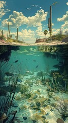 Produce a thoughtprovoking graphic depicting the rear view of ecosystems under the influence of climate change Incorporate subtle details such as receding shorelines,